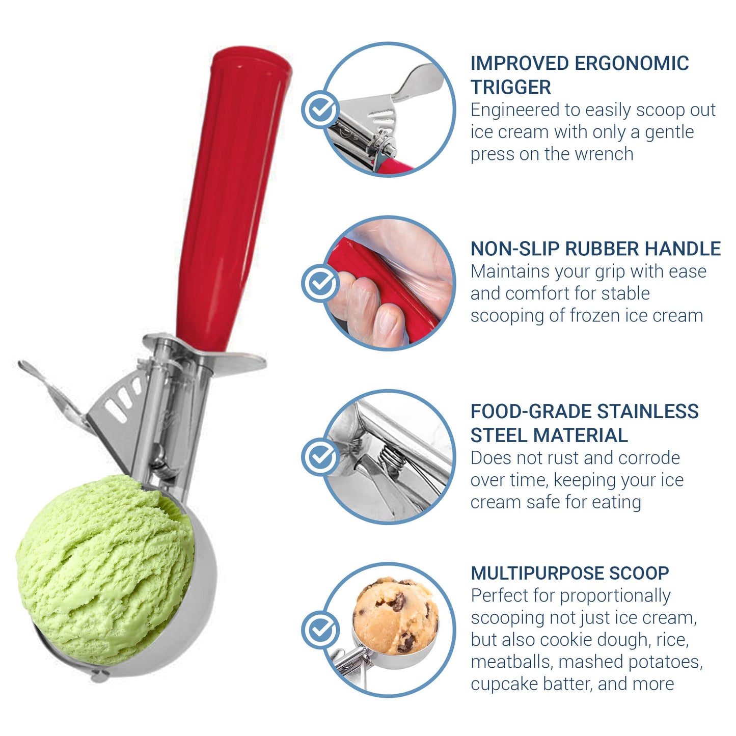 Meadow Lane Trigger Scoop - #24 Size (2-in Diameter) 2.7 Tbsp Capacity, Stainless Steel, Portion Control, Ice-cream & Cookie Dough Scoop, Red and Blue, 2-Pack