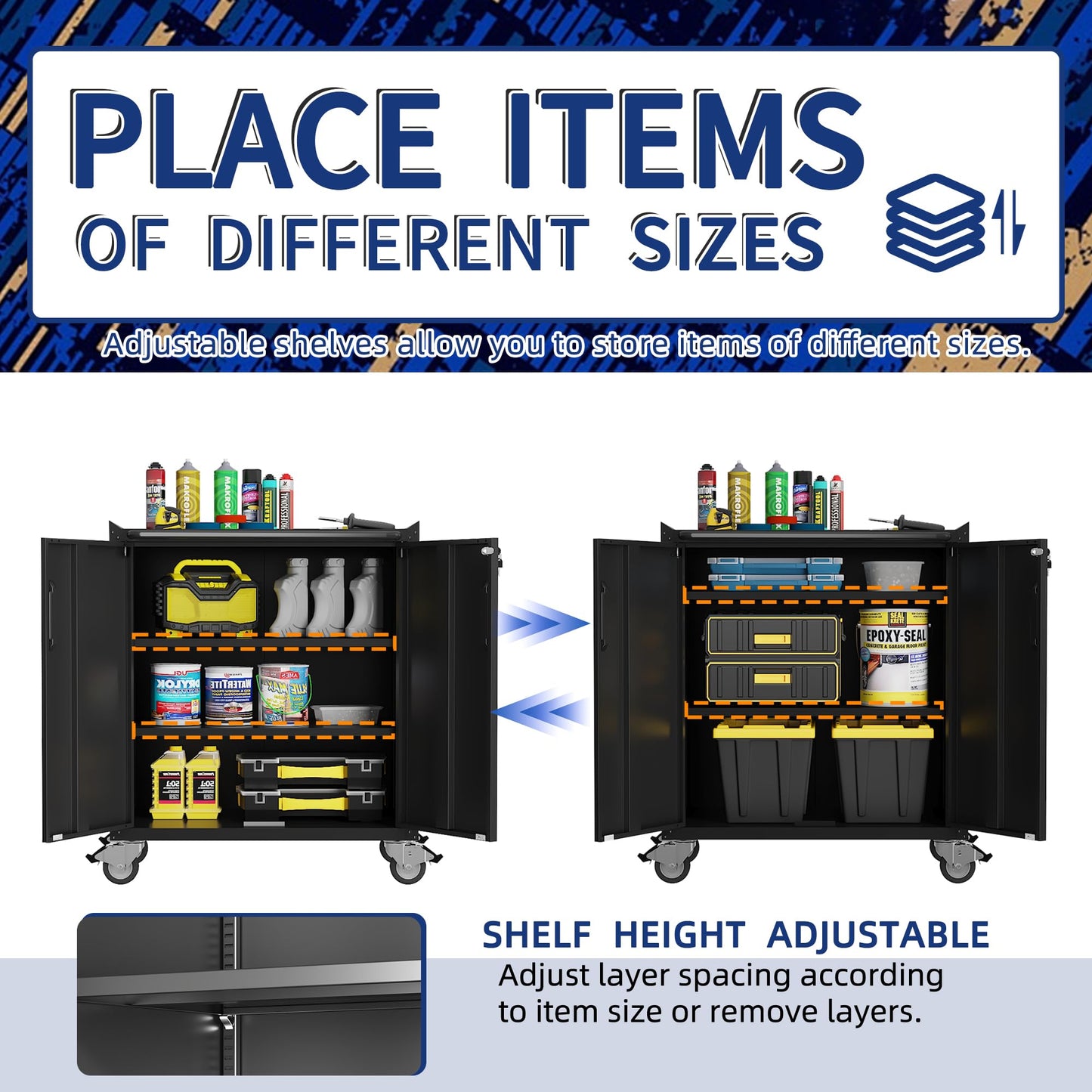 VIYET 2-Pack Rolling Garage Tool Cabinet,Heavy Duty Steel Rolling Tool Chest with Lockable Doors & Adjustable Shelves,Mobile Workshop Storage Cart for Garage Organization,Black