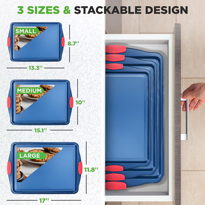 NutriChef Nonstick Cookie Sheets Set - Premium Carbon Steel Baking Trays with Silicone Handles | Large, Medium, Small - Blue