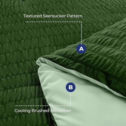 HYMOKEGE King Size Comforter Set - Dark Green & Sage Green Seersucker | 7-Piece All-Season Luxury Bedding Set