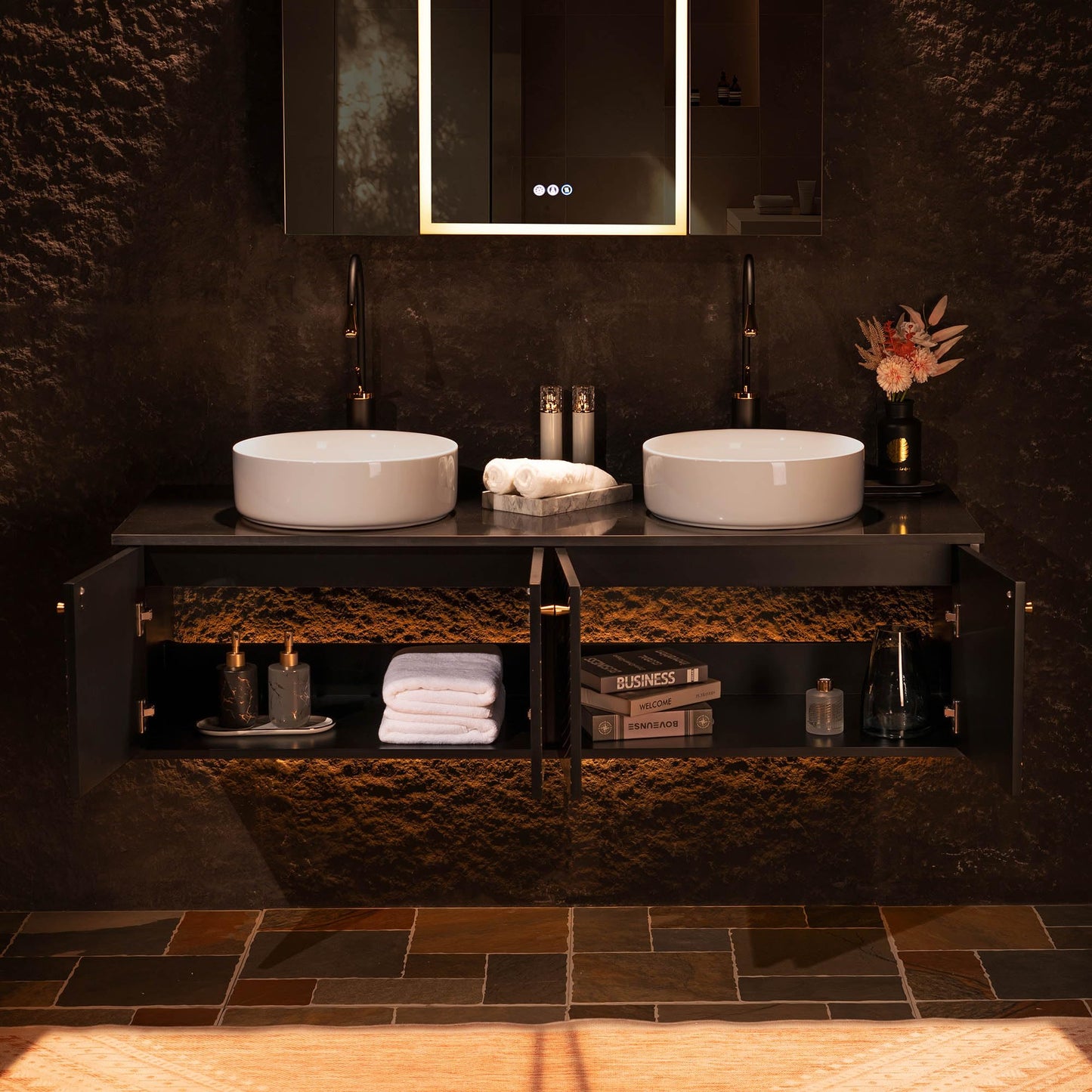 Woodbridge 60"X22" Wall Mounted Vanity with Double Ceramic Round Vessel Sinks,Black Engineered Stone Vanity Top,Floating Design with Hand-Painted Black & Gold Accents,Space-Saving for Modern Living