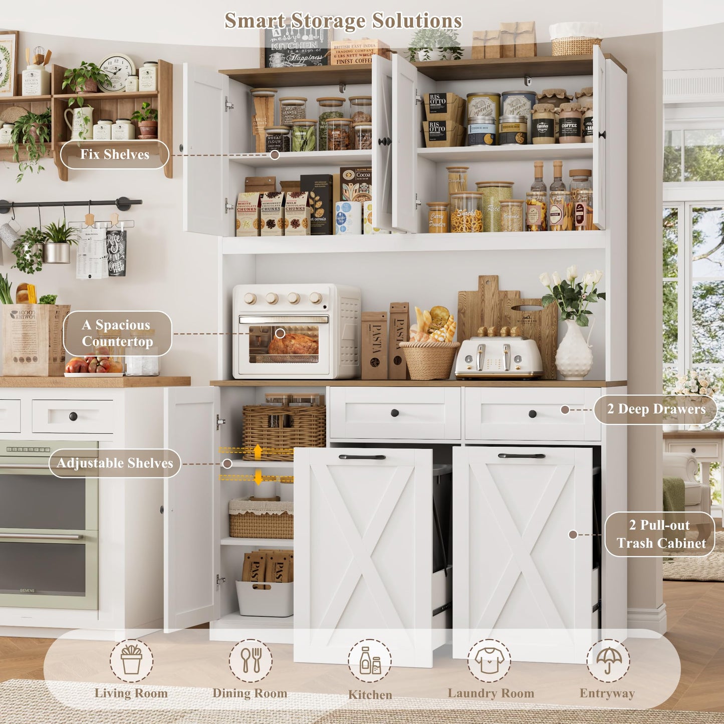 HOSTACK 71"H Kitchen Trash Can Cabinet, 12.5 Gallon Double Pull Out Garbage Can Hutch Cabinet with Trash Bin Storage Holders, 47" Wide Kitchen Pantry with Hidden Garbage Storage for Dining Room, White