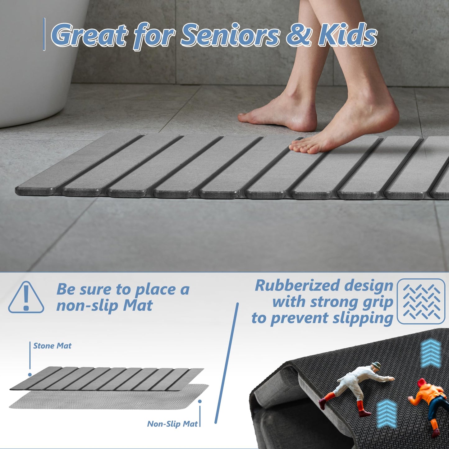 AWW Foldable Stone Bath Mat, Super Absorbent Diatomaceous Earth Mats, Non-Slip 23.6 x 15.5 Inch Quick Drying Mat, Compact and Easy to Store Bath Mats for Bathroom, Easy to Clean, Grey