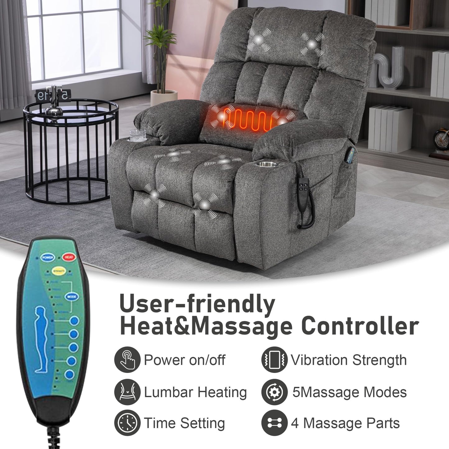 RHHVVR Oversized Power Recliner Chair for Big and Tall 400 LBS, 25.5" Extra Wide Electric Lift Chair with Heat and Massage, Dual Motor 180° Lay Flat Recliner Living Room Sofa, Chenille Big Lift Chair