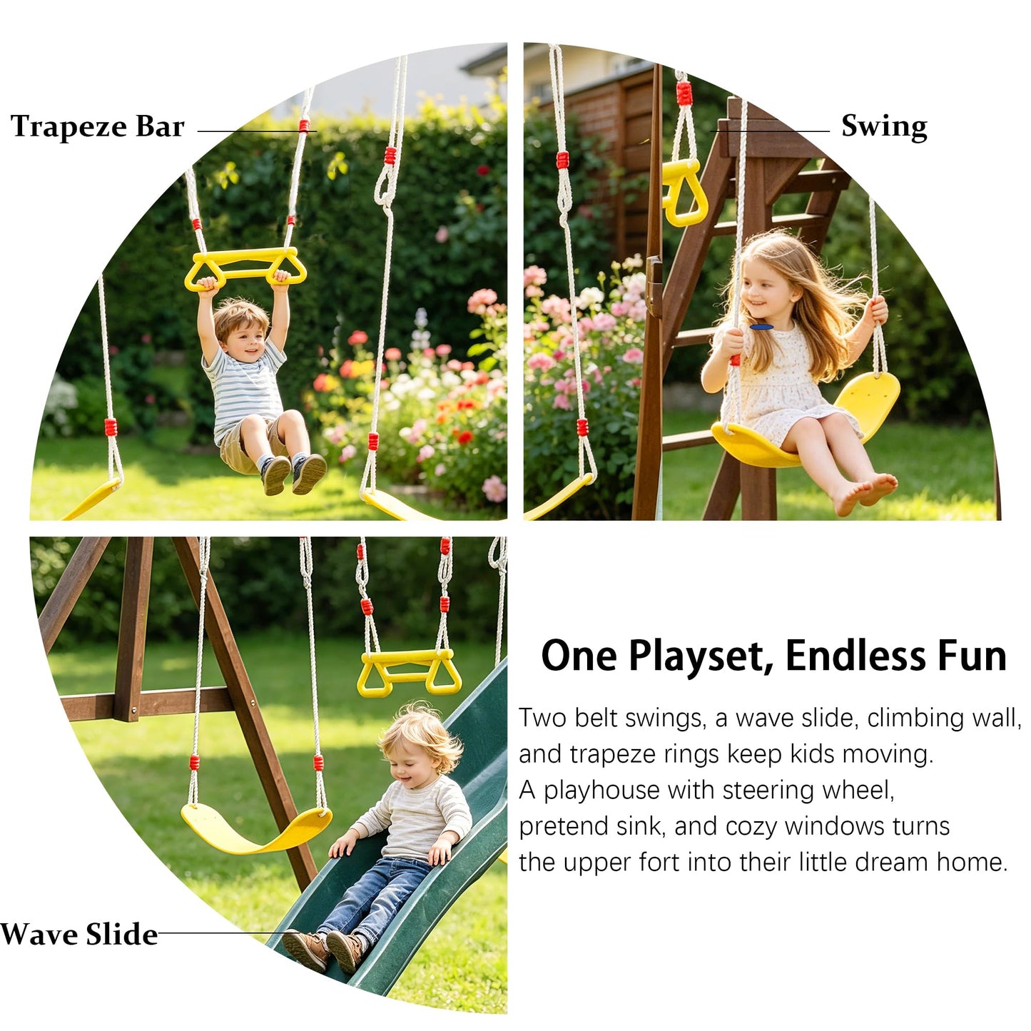 Wooden Swing Set with 2 Swings, Wave Slide, Play Deck, Climbing Wall & Trapeze Rings - Outdoor Backyard Playset for Kids - Heavy Duty Wooden Jungle Gym