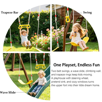 Wooden Swing Set with 2 Swings, Wave Slide, Play Deck, Climbing Wall & Trapeze Rings - Outdoor Backyard Playset for Kids - Heavy Duty Wooden Jungle Gym