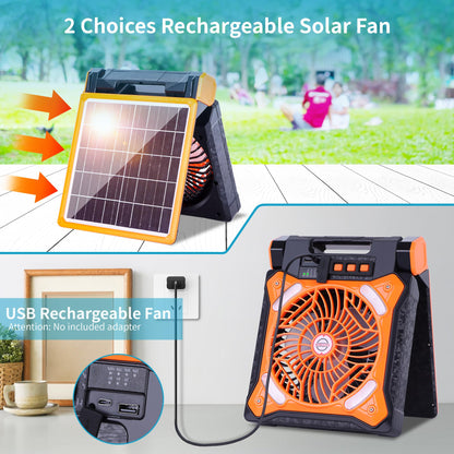 WESTTREE Solar Fan Battery Powered Rechargeable Solar Camping Fan with Led Lantern Power Bank Foldable Angle USB Personal Fans for Travel Outdoor CampingTents camping essentials X98 Orange