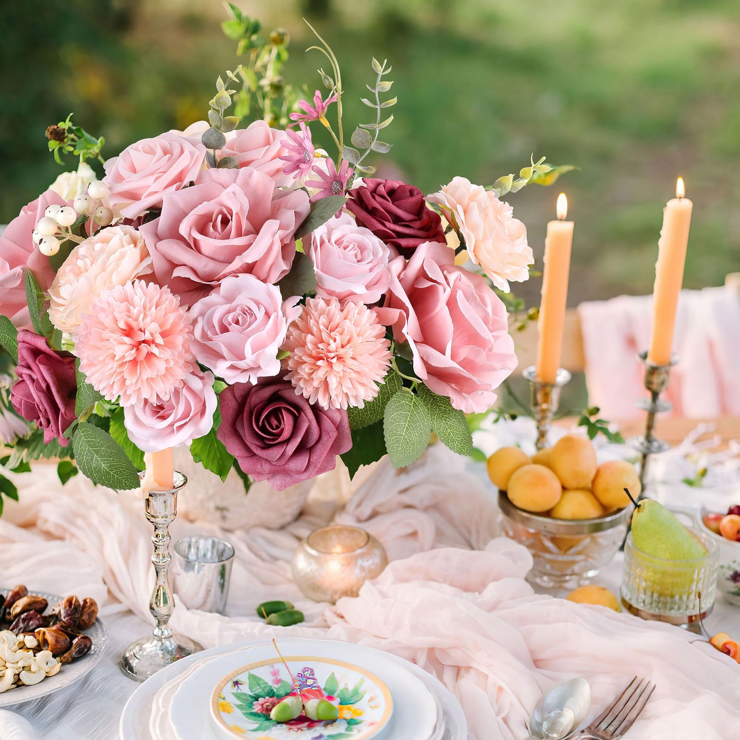 AGIRL Rose Artificial Flowers Combo Fake Flowers Pink Roses Silk Flowers with Stems for DIY Bridal Wedding Bouquets Centerpieces Arrangements Table Party Baby Shower Home Decor (Champagne Pink)