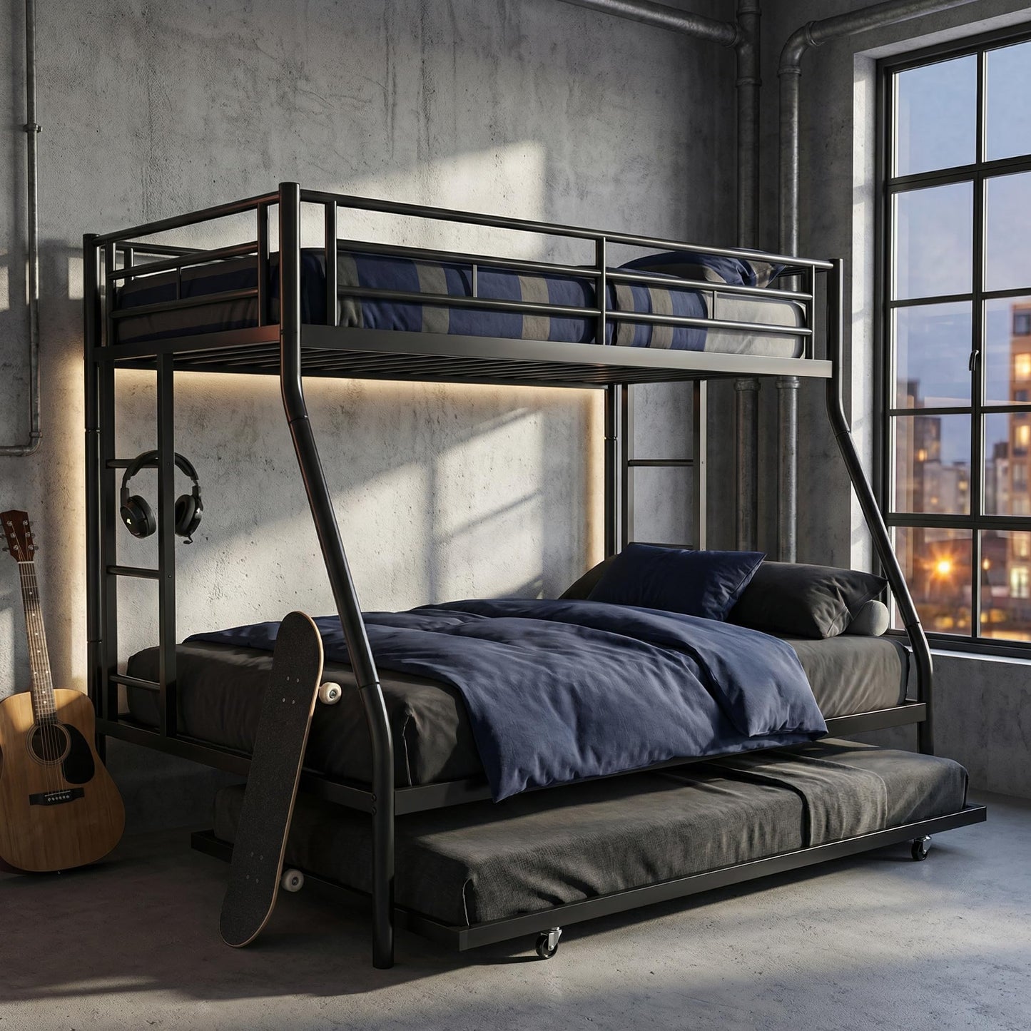 SUNLEI Twin Over Full Bunk Beds with Trundle, Heavy Duty Metal Triple Bunk Bed Frame, 3 Beds Space Saving Bunk Bed with Guardrails & Ladder, No Box Spring Needed, for Kids Teens Adults Bedroom, Black