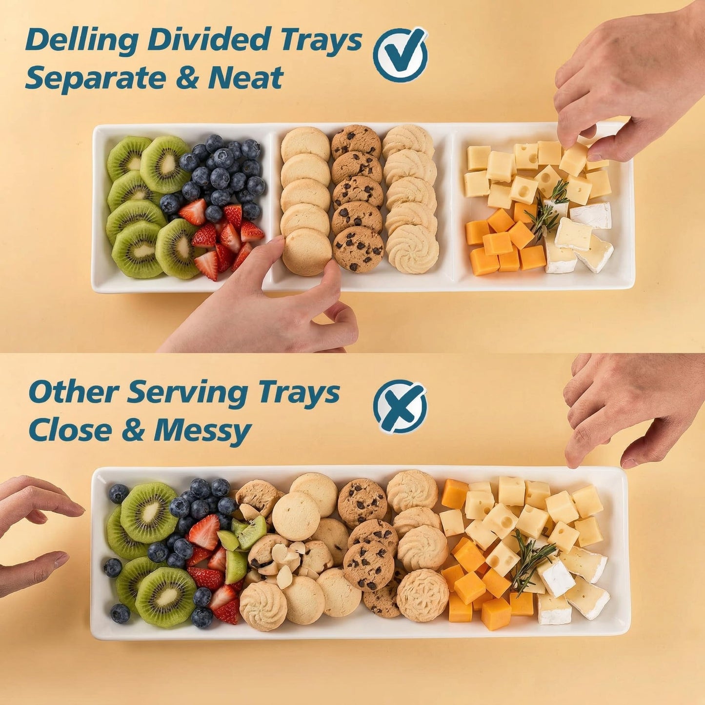 DELLING 16x5 Inch Ceramic 3-Section Serving Tray Set of 3, Stackable Divided Serving Platter - White Porcelain Appetizer Tray for Snack Food Dessert, Dishwasher Safe