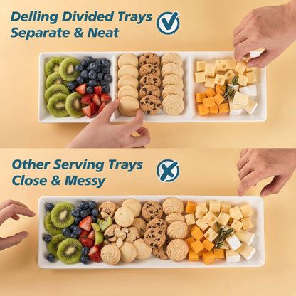 DELLING 16x5 Inch Ceramic 3-Section Serving Tray Set of 3, Stackable Divided Serving Platter - White Porcelain Appetizer Tray for Snack Food Dessert, Dishwasher Safe