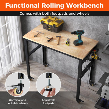 IRONMAX 48'' Adjustable Work Bench with Wheels, 1760 LBS Heavy Duty Oak Wood Table Top Workstation w/Power Strip & Foot Pad, 5 Different Height Hardwood Worktable for Workshop, Garage, Office, Home