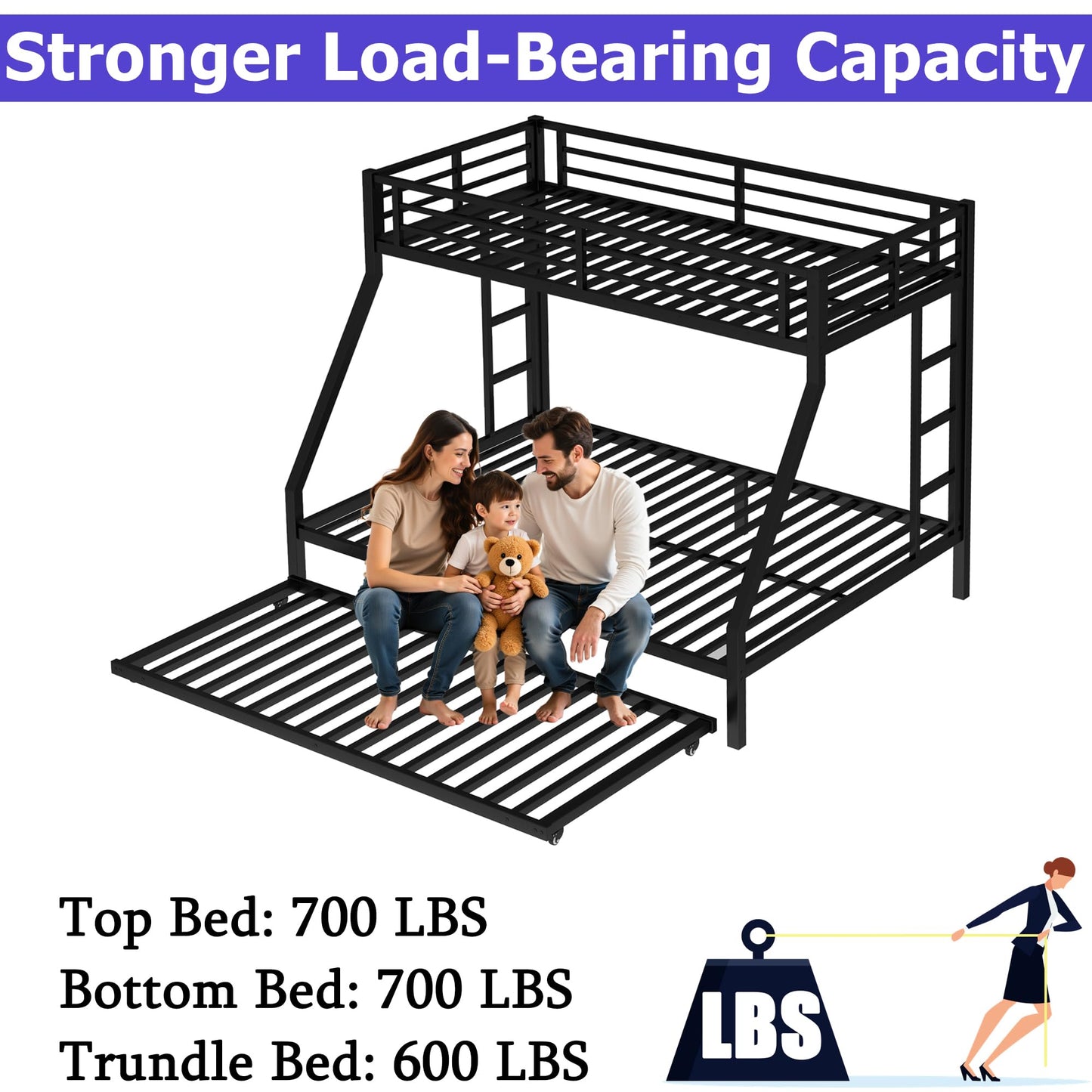 Heavy-Duty Metal Twin XL Over Queen Bunk Bed with Trundle for Teens Adults,Higher Quality Steel Queen Size BunkBed with 2 Vertical Ladders ,Noise Free for Small Bedroom, Weight Capacity 700LBS (Black)