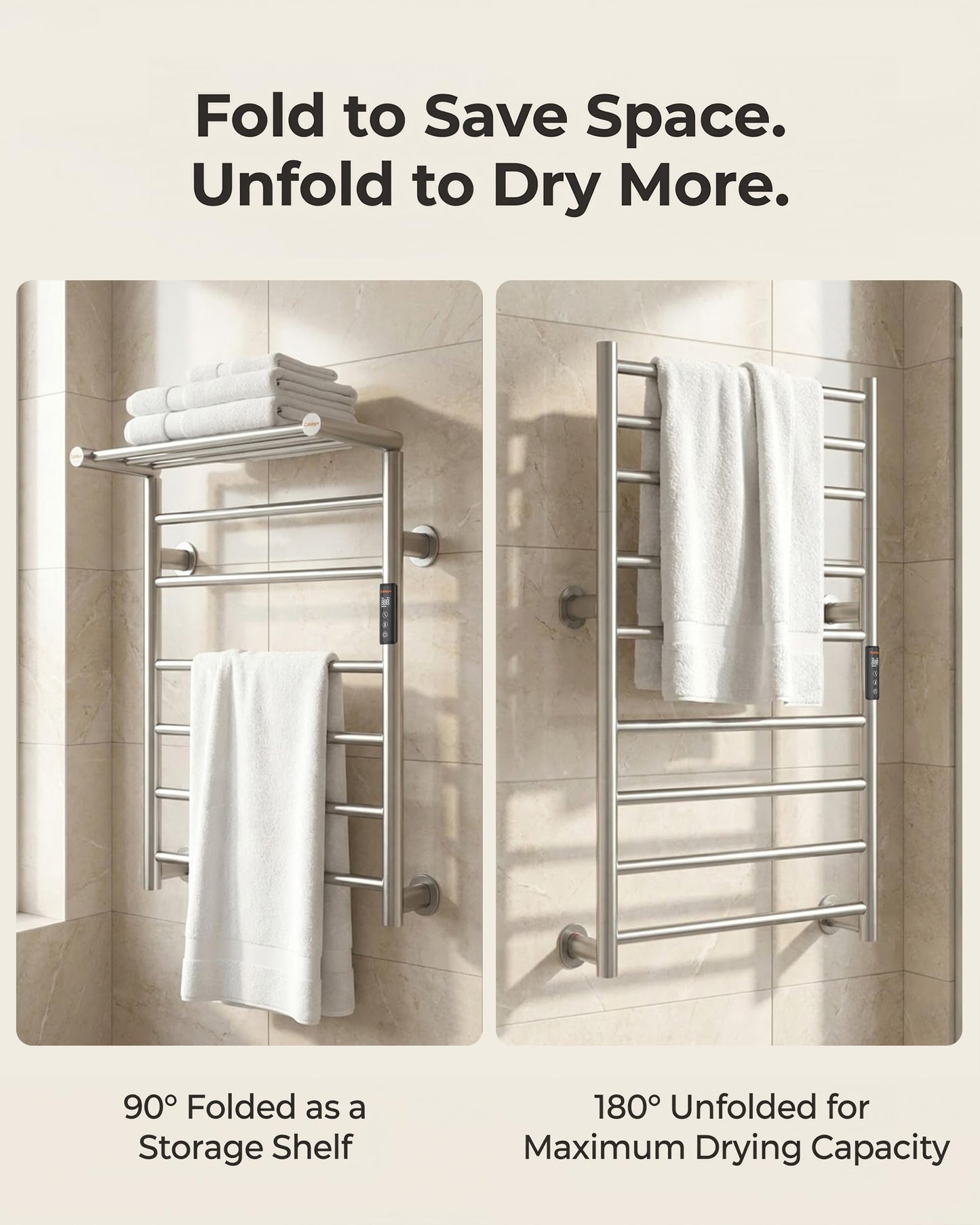 Caldayx Foldable Heated Towel Rack, Smart Dual-Zone App & Voice Control Electric Towel Warmer Rack, GFCI Plug-in/Hardwired, Wall-Mounted, Drill-Free Install, Brushed, CA3-900X550-Pro-S