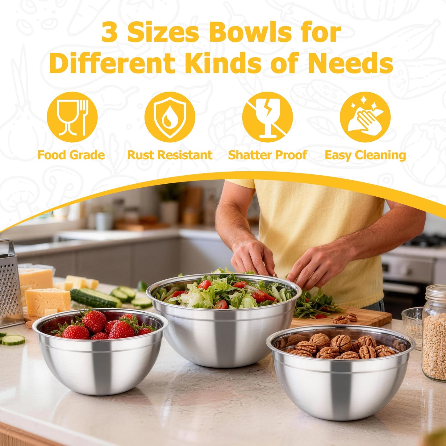 TeamFar Mixing Bowls with Lids, 4.5/3/1.5 QT Stainless Steel Nesting Salad Bowls with Airtight Lids, For Serving/Mixing/Storing/Prepping, Healthy & Sturdy, Visible & Easy Clean, Khaki, Set of 3