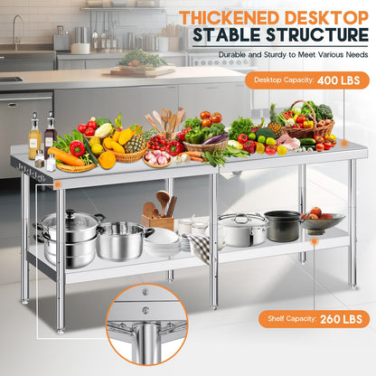 Jocisland 30" x 82" Stainless Steel Table for Prep & Work, Food-Grade Stainless Steel with Backsplash, Adjustable Under Shelf & Safe Design for Restaurant, Home and Outdoor