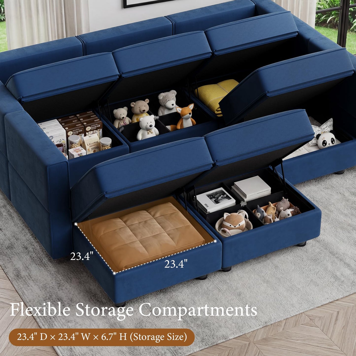 Vesgantti Modular Sofa Bed with Storage, 92" Sleeper Sofas with 9 Seats Storage Chaises Removable Cover, Luxury Large Velvet Sectional Couch Set for Living Room, Apartment, Home Theater, Blue