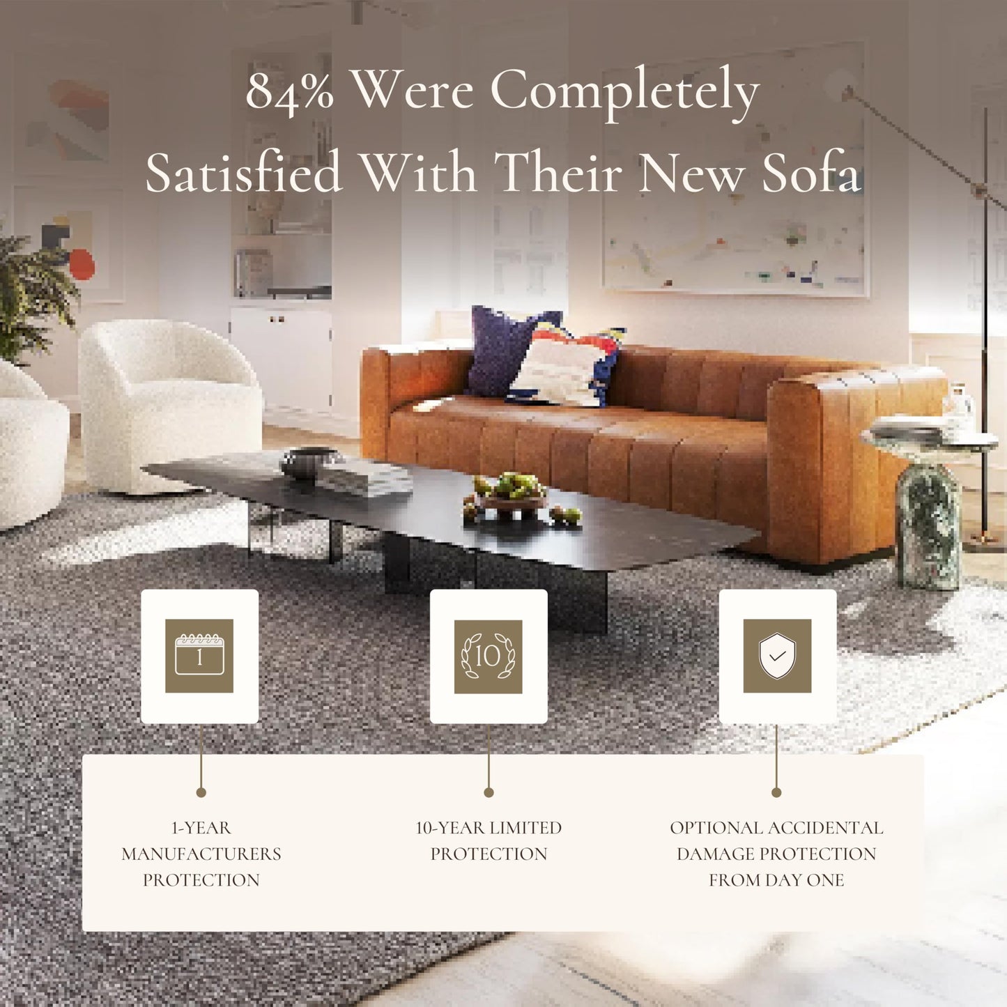 Poly & BARK Canale 99” Sofa – Modern 3-Seater Couch for Living Rooms – Performance Fabric Upholstery, High-Density Foam Cushions, Tapered Legs, Minimal Assembly – Cognac Tan