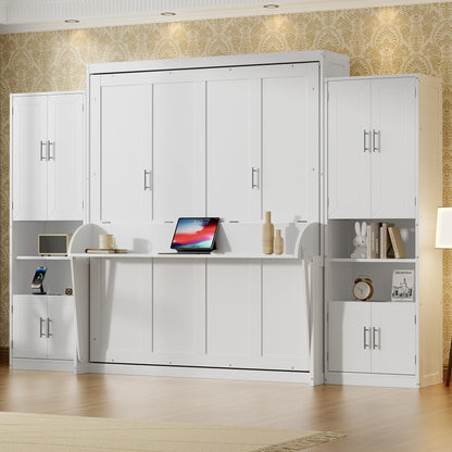 PVWIIK Queen Size Murphy Bed with Storage Drawers & Desk,Wall Bed Frame Folding into Cabinet Design w/Charging Station & Storage Shelf for Small Space,Bedroom,Guest Room,White