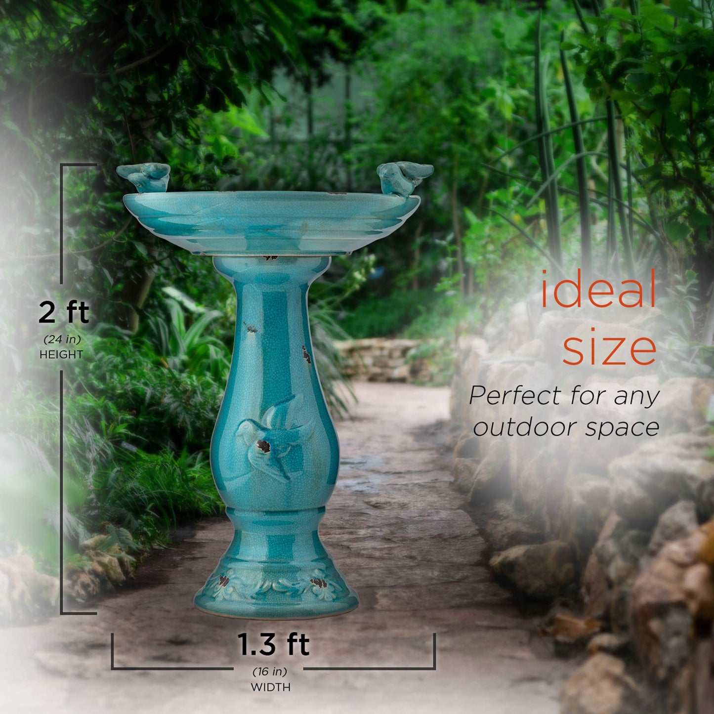 Alpine Corporation 25" Tall Outdoor Ceramic Antique Pedestal Birdbath Bundle with Red and Turquoise Bird Figurines