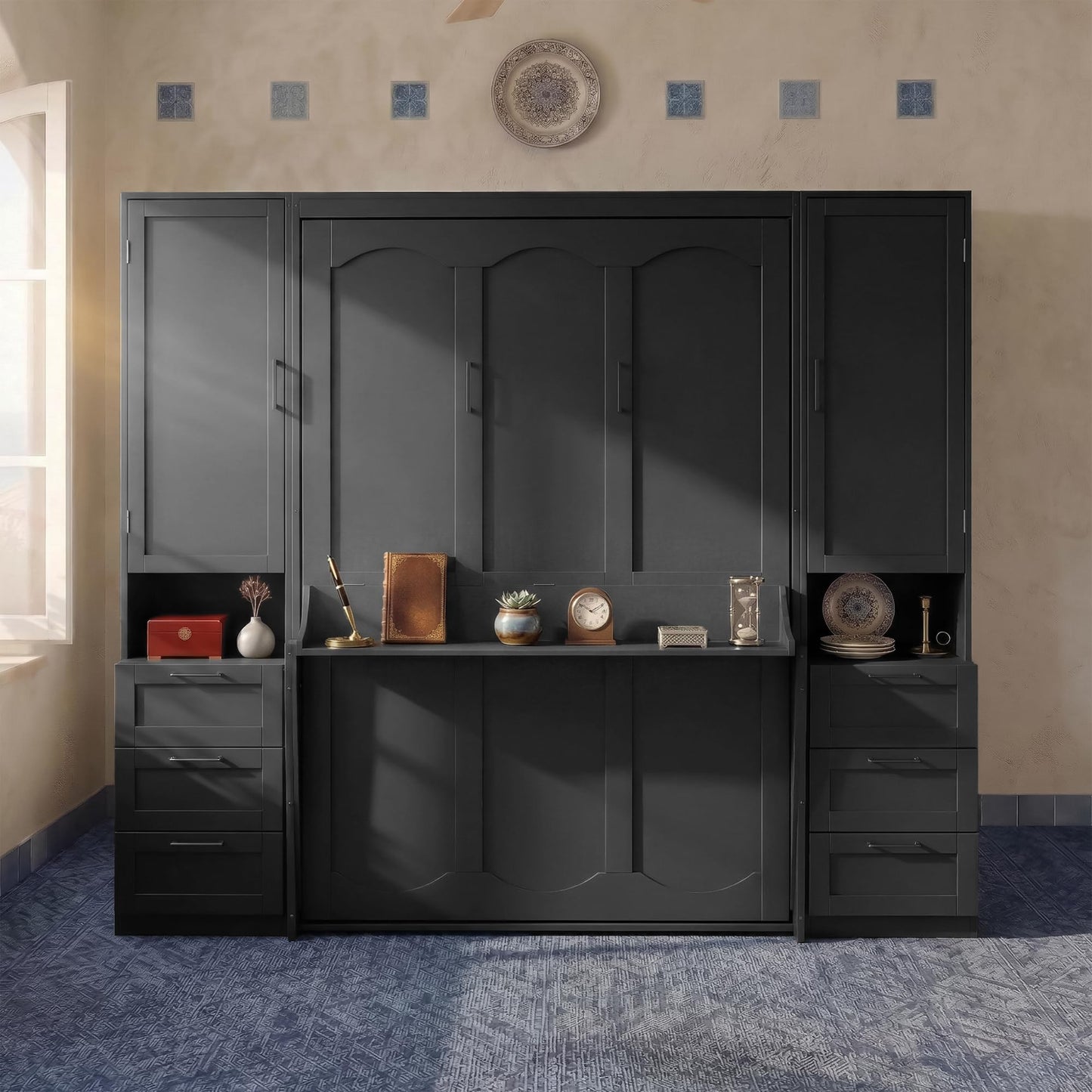 Merax Queen Size Murphy Bed with Desk, Multifunctional Foldable Wall Bed with Closet, Drawers and Shelves, Space-Saving Wood Bed Frame for Small Space Studio Study Office Guest Room, Black(Oak Veneer)