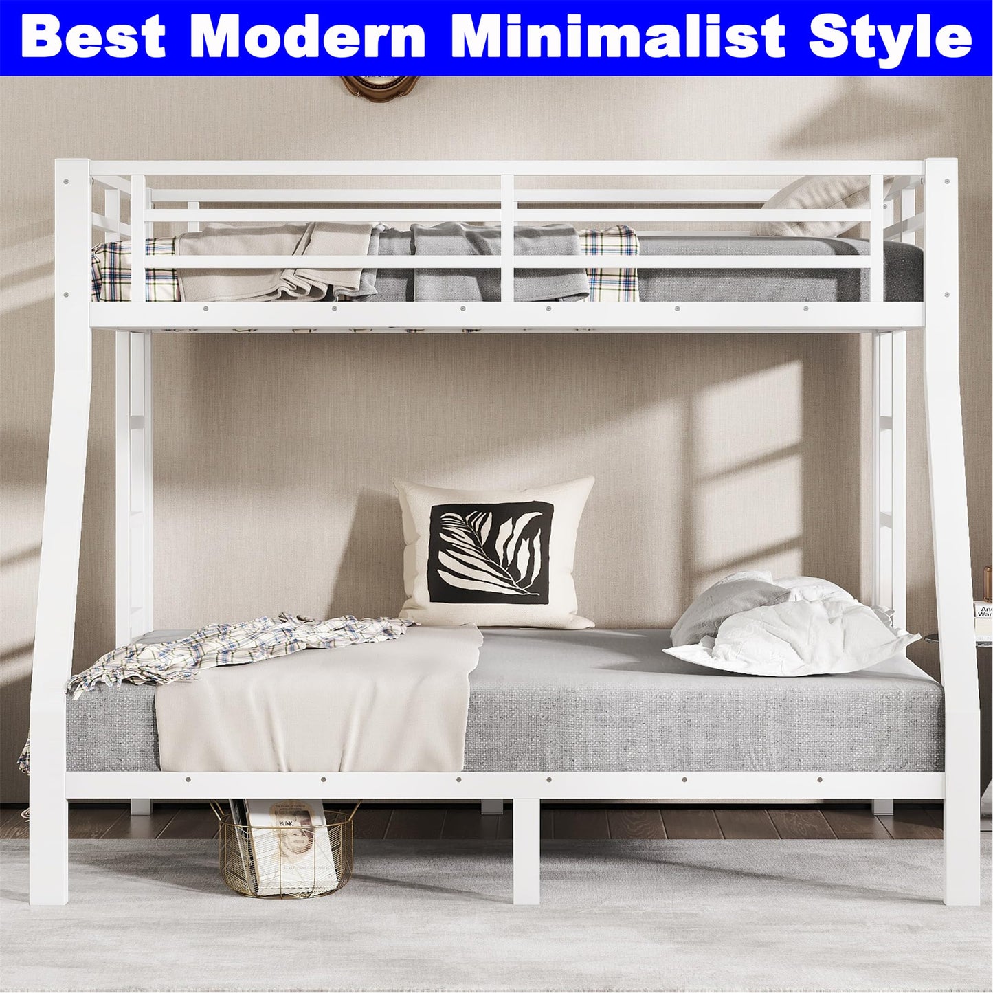 STERXONE Upgraded Version Thickened Stronger Metal Twin Over Full Bunk Bed, Heavy Duty Steel Twin Over Full Size Bunk Bed, Best Bunk Bed Frame for Adults (White,Twin Over Full)