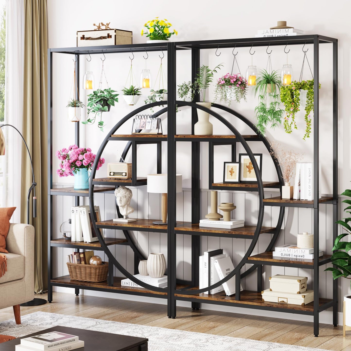 Tribesigns 7 Tier Indoor Plant Stand, 70.9" Tall Half Moon Shaped Plant Shelf with 6PC S Hanging Hooks, Industrial Large Flower Pots Display Rack for Home Garden, Balcony, Patio (Brown-2PC)