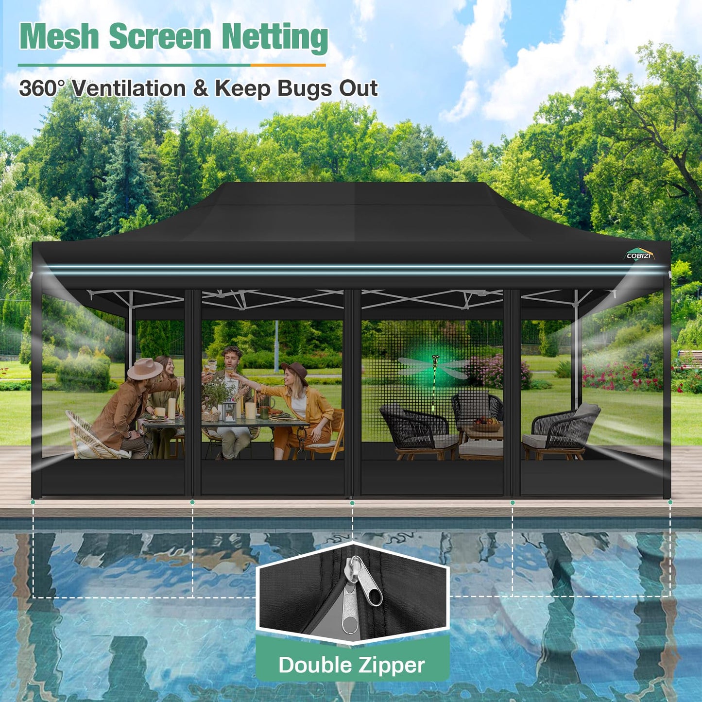 COBIZI 10x20 Canopy Tent, Heavy Duty Pop up Canopy with Sidewalls, Waterproof Easy Setup Canopy with Mosquito Netting, Outdoor Instant Screen Tents for Parties, Wedding with Roller Bag, Black