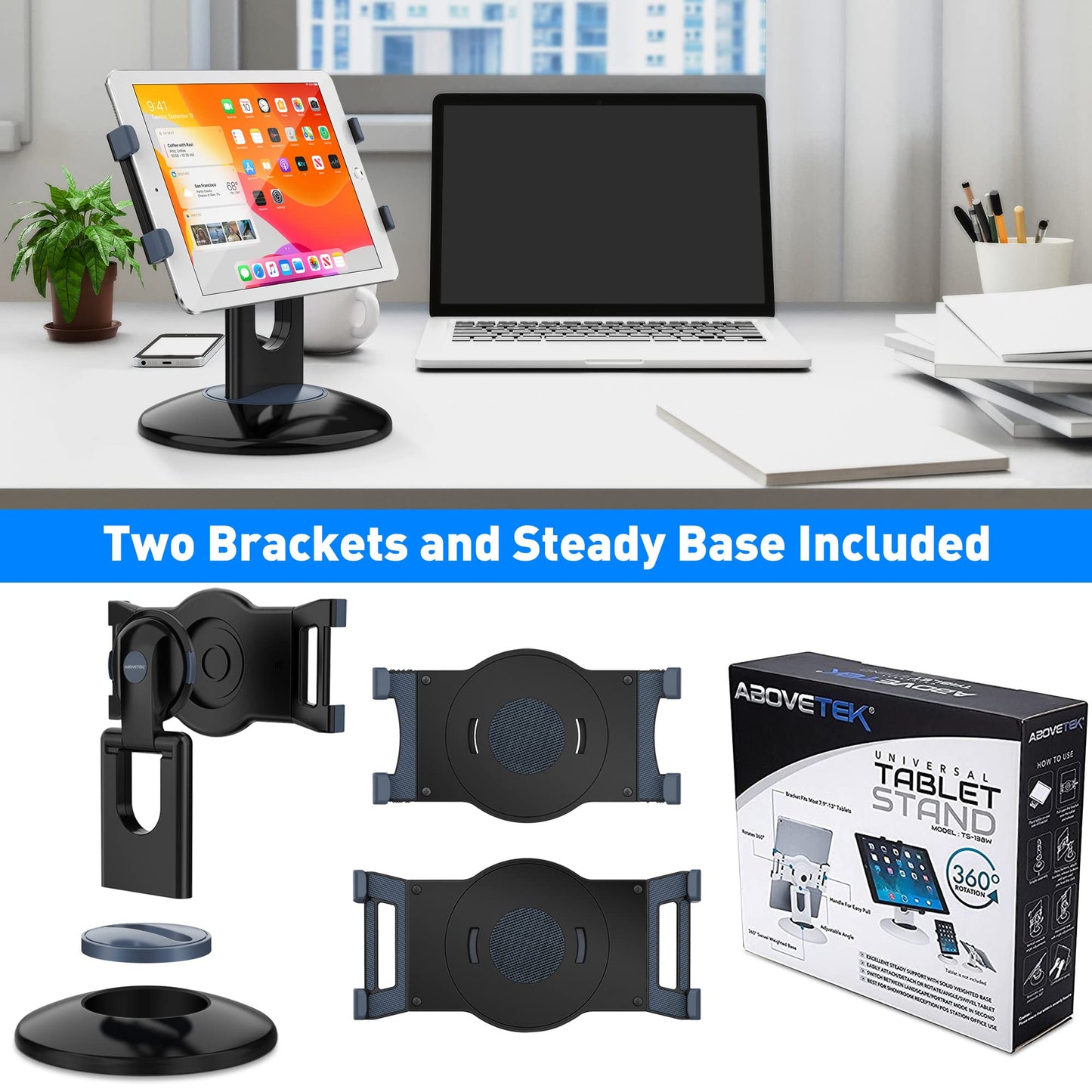 AboveTEK Retail Kiosk iPad Stand, 360° Rotating Commercial POS Tablet Stand, Fits 6"-13" (Screens) iPad mini Pro-Business Swivel Tablet Holder, for Store Office Reception Kitchen Desktop (Black)