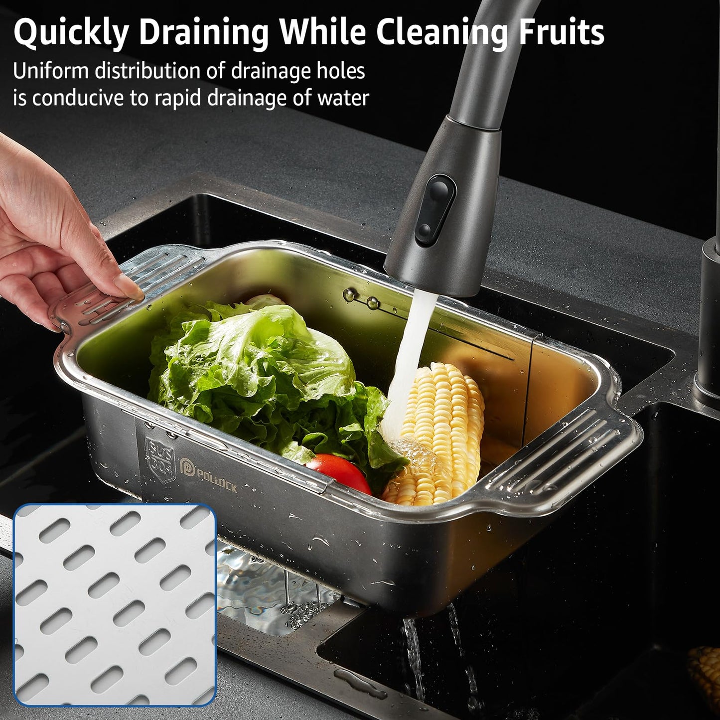 pollock 4 In 1 Collapsible Sink Colander for Kitchen Food Grade 304 Stainless Steel Over the Strainer Extend Drain Basket Washing Vegetable Fruits,Dishes