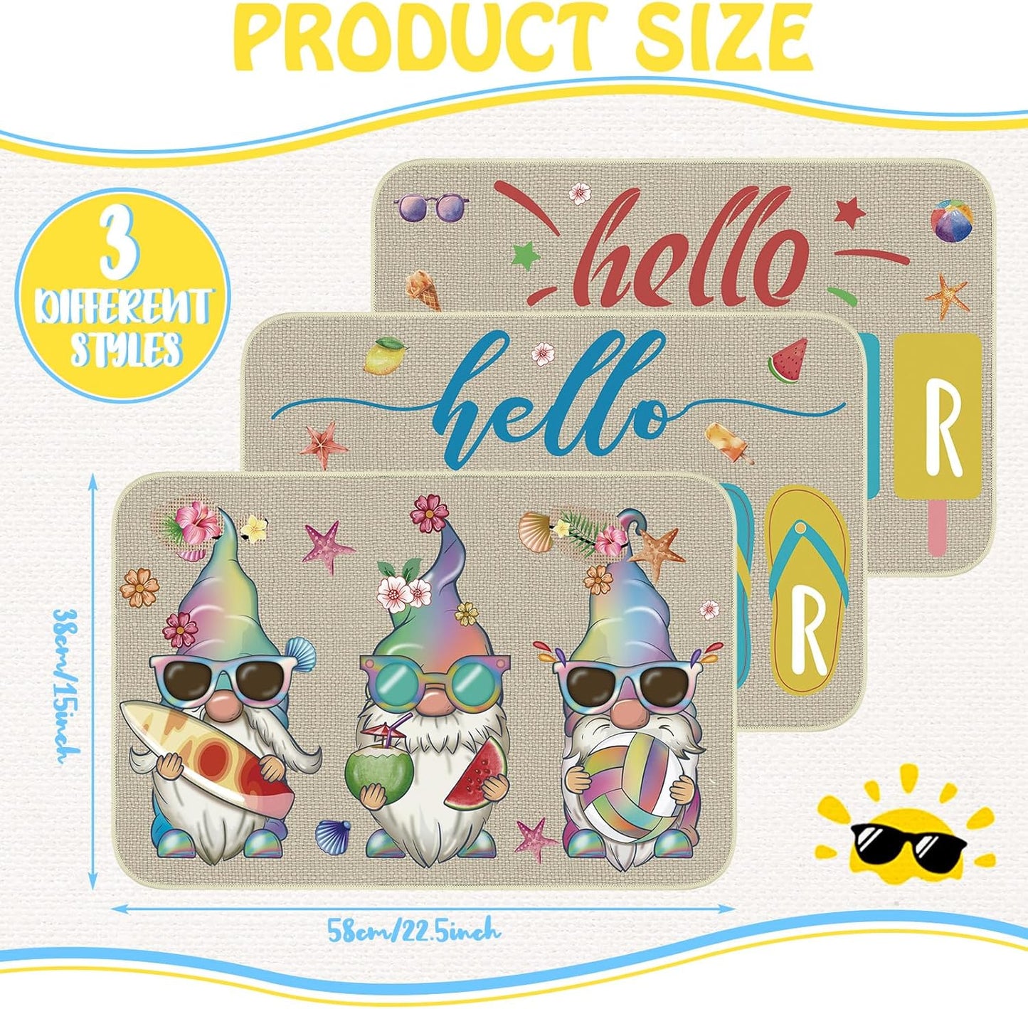 Zhanmai 3 Pcs Hello Summer Door Mat - 23 x 15 Inch, Gnome Decorative Doormat, Non-Slip, Rubber Outdoor Rugs for Summer
