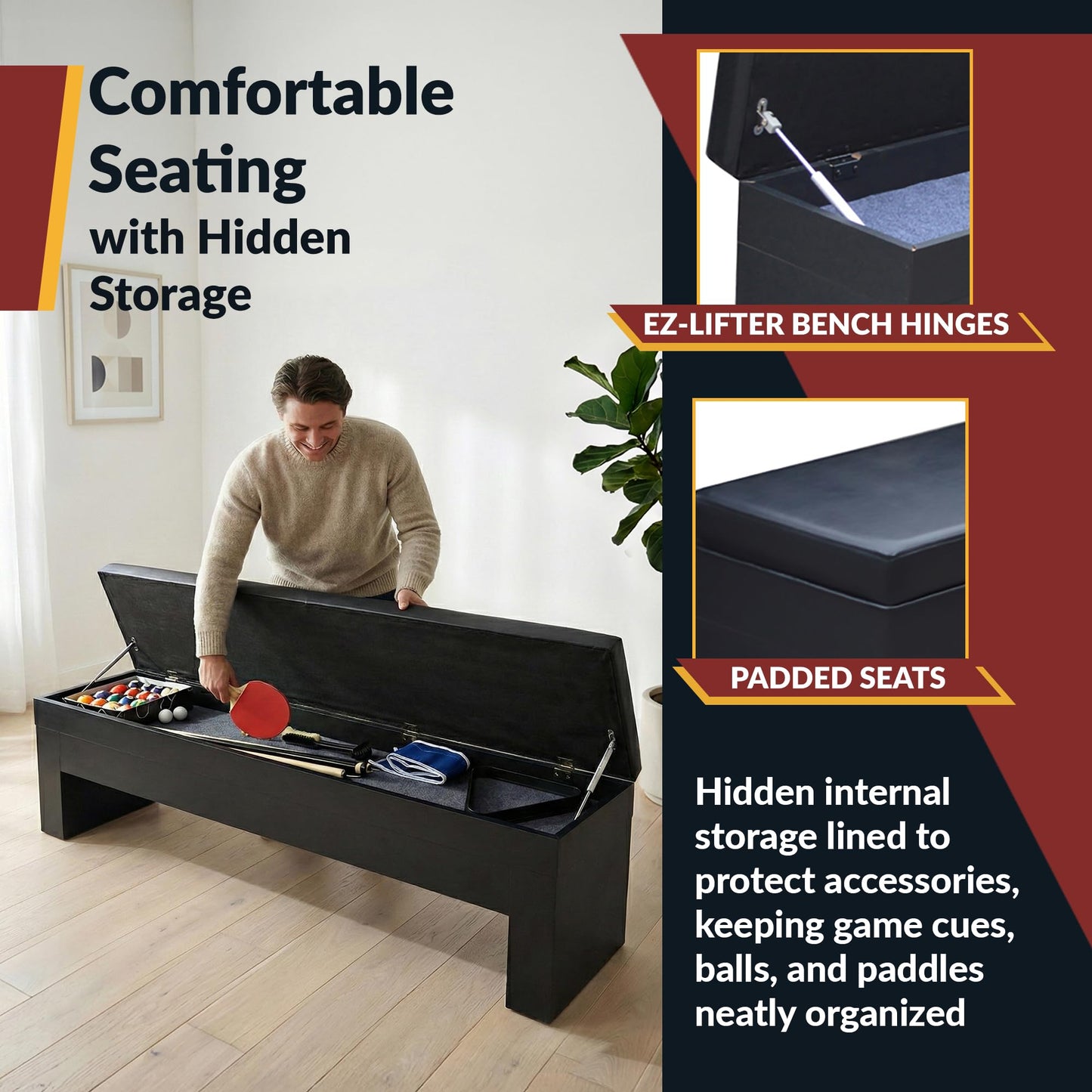 Hathaway Park Avenue 7 Ft Pool Table Combo Set with Benches and Complete Game Accessories - Billiard Table with Ping Pong and Dining Top - Engineered Wood Frame, Black Finish, Red Felt