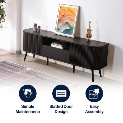 JONATHAN Y Damien 70" Mid-Century Fluted Wood TV Stand for TVs up to 75 Inch, Entertainment Center with Soft-Close Doors and Drawer, Media Console for Living Room, Black TVS1001C