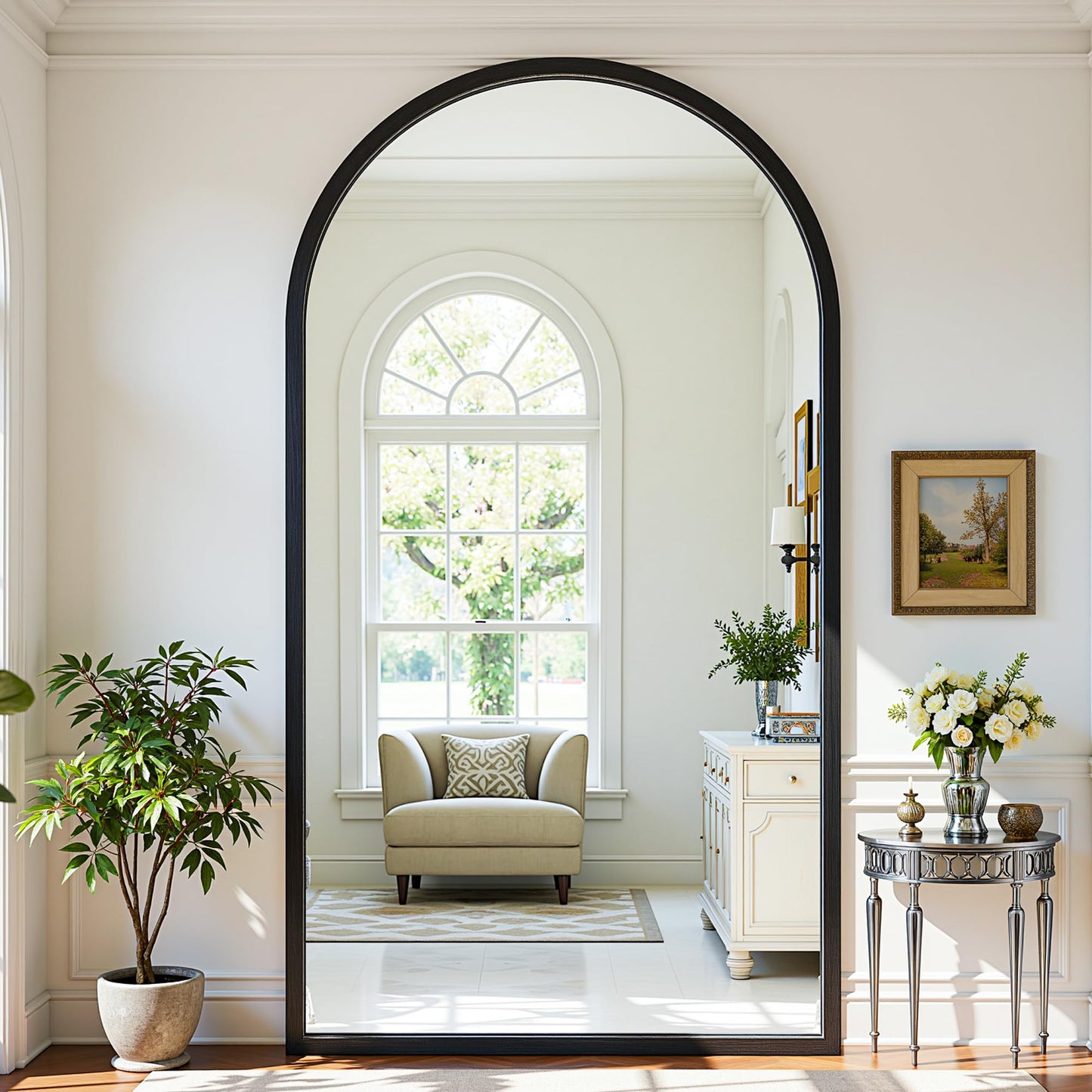 Full Length Mirror 82"×44" Floor Mirror Standing Tall Mirror, Arched Stand up Large Wall Mirrors, Freestanding Full Body Mirrors for Bedroom Living Room Wood Antique Style Black