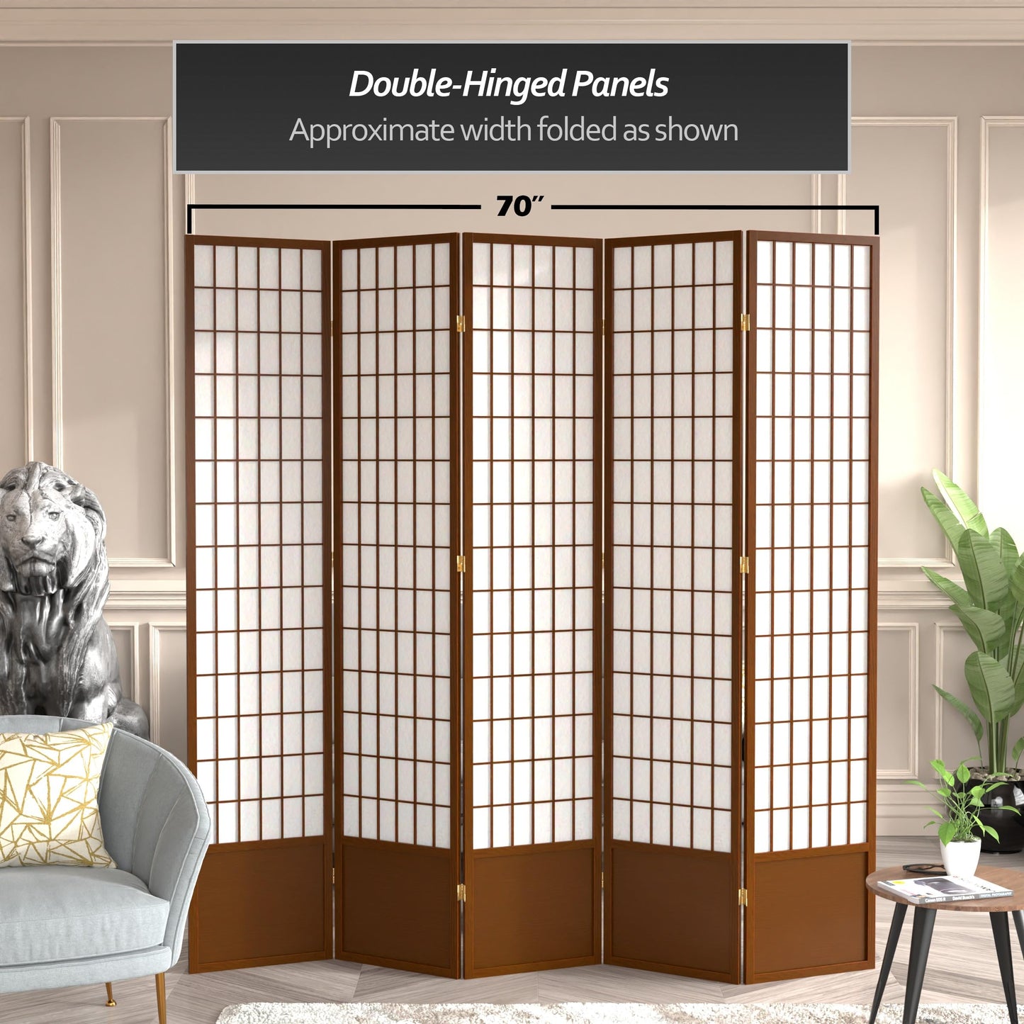 Oriental Furniture 7 ft. Tall Window Pane Shoji Screen - Walnut - 5 Panels