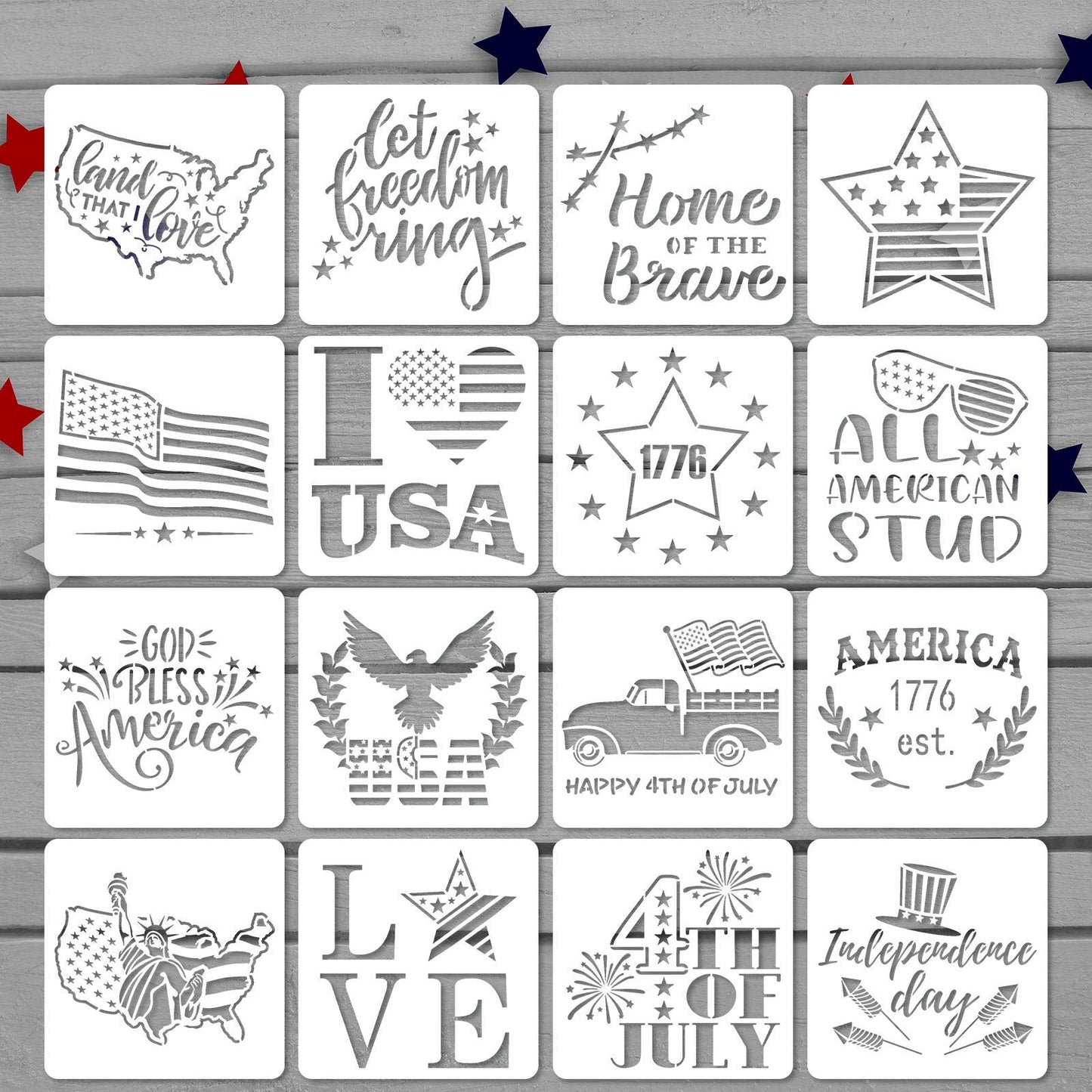 16 Pieces Happy 4th of July Stencil Independence Day Painting Template Reusable Patriotic Drawing Stencils Include American Flag Map Star Patterns Farmhouse Stencil for Painting on Wood Paper Wall