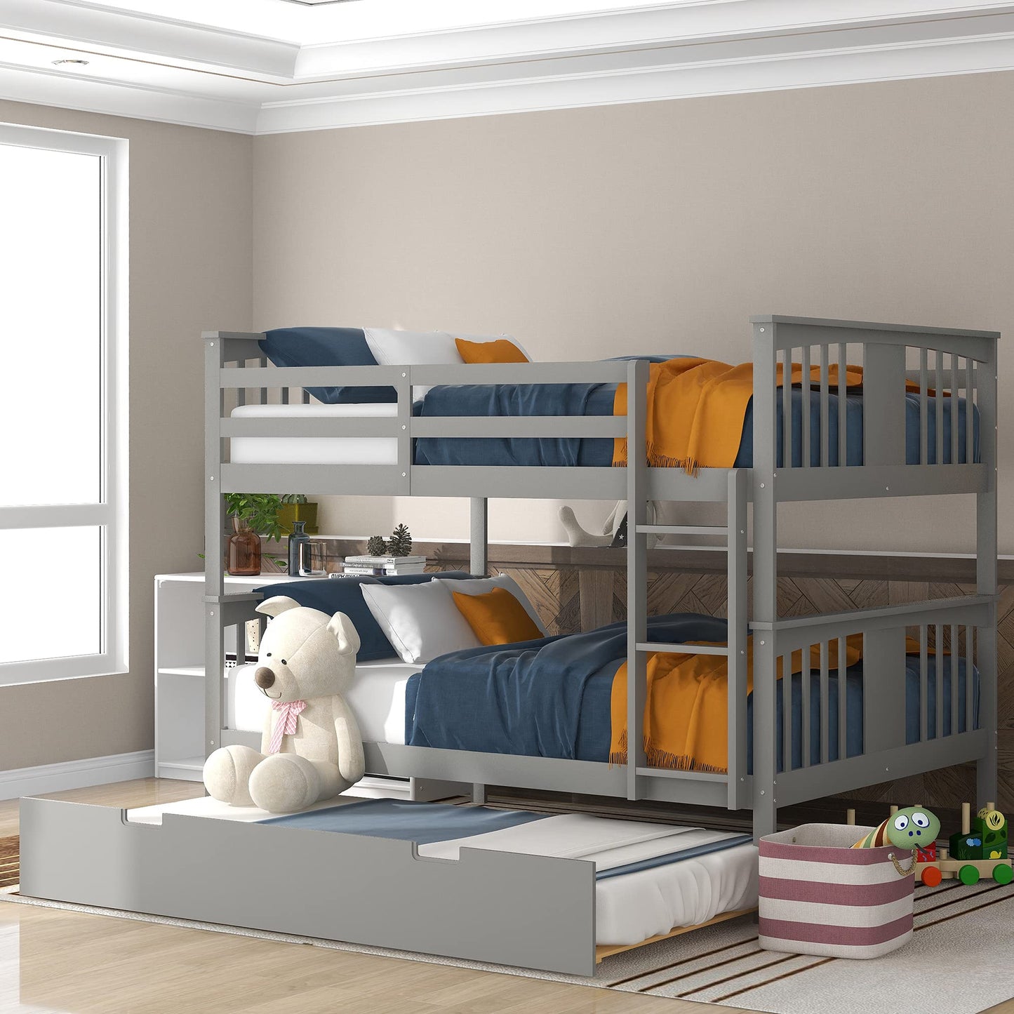Ball & Cast Full Over Full Bunk Bed with Twin Size Trundle and Ladder,Wood Bunkbed w/Slat Support & Full-Length Guard Rail,Space Saving,Bedframe Furniture for Student Dorms,Studio,Gray