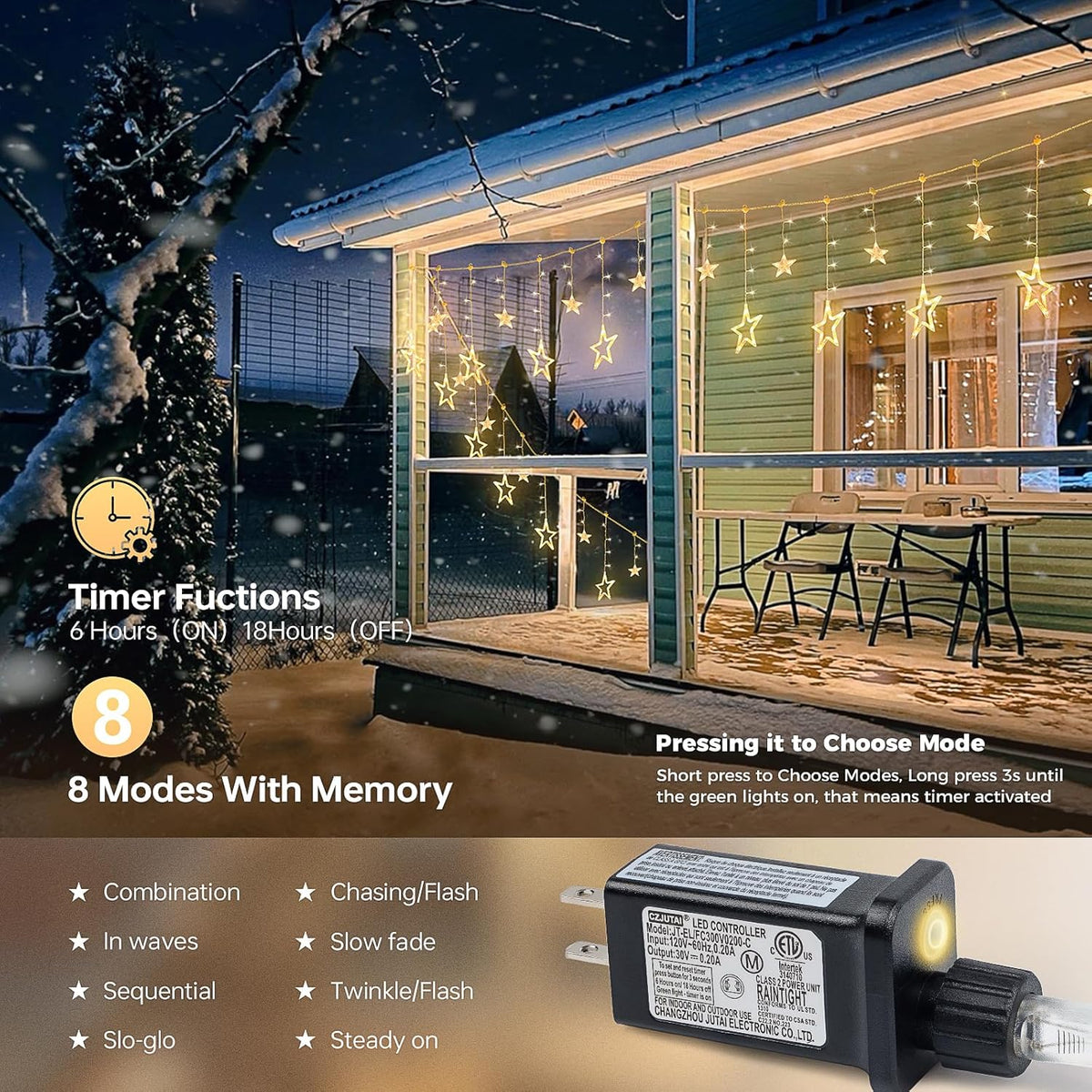 126L 8.2FT 8 Warm White Star Icicle Lights, Clear Curtain Fairy String with Connectable, Timer Modes Memory, Waterproof