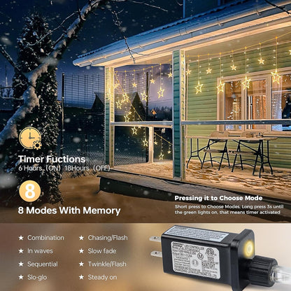 126L 8.2FT 8 Warm White Star Icicle Lights, Clear Curtain Fairy String with Connectable, Timer Modes Memory, Waterproof