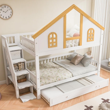Merax Full Over Full Wooden Bunk Bed with Trundle and Storage Staircase, Full Size House Bunk Bed Frame with Window Door Guardrails for Teens, Boys, Girls Bedroom, White+Natural