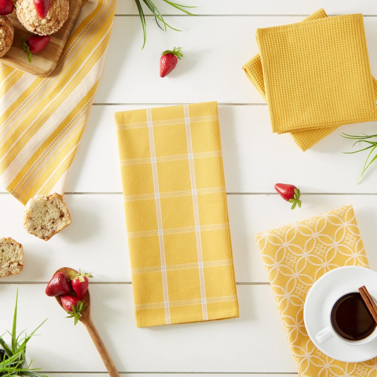 DII Assorted Woven Kitchen Set, 5 Piece - Dishtowel 18x28, Dishcloth 13x13, Mustard