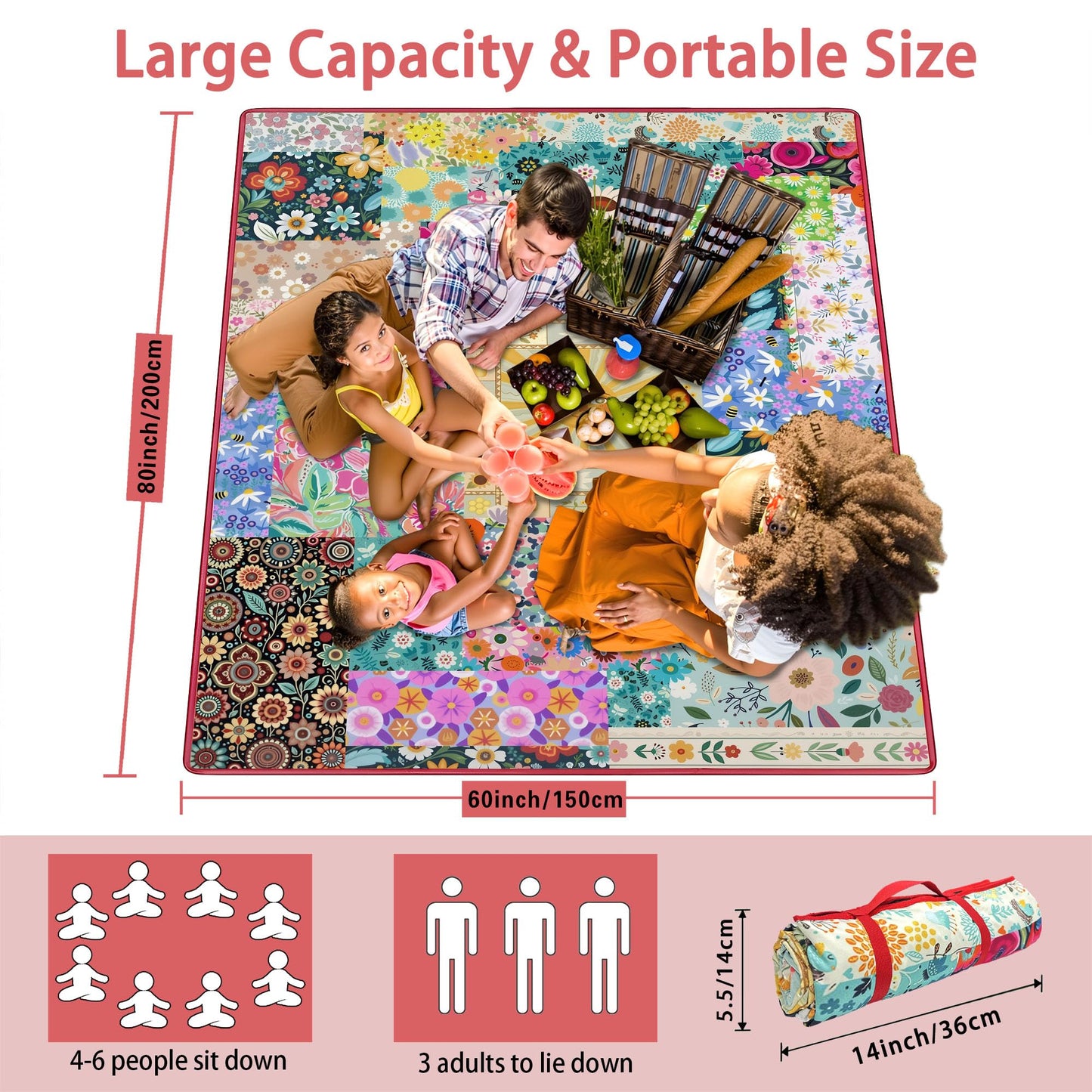 Supfitness Extra Large Picnic Blankets Waterproof Foldable (60 "x 80") Beach Blanket Waterproof Sandproof,3-Layer Thicking Mat Outdoor Packable Camping Blanket
