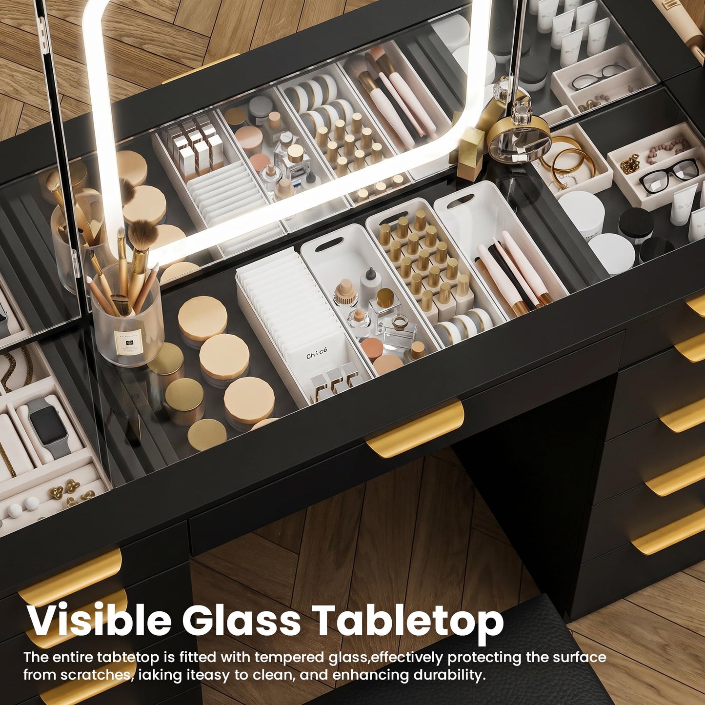 Fkhouse Glass Top Vanity Desk with Foldable Mirror and Lights, 11 Drawers Makeup Vanity with Charging Station, 3 Lighting Modes Dressing Table with Chair, Black
