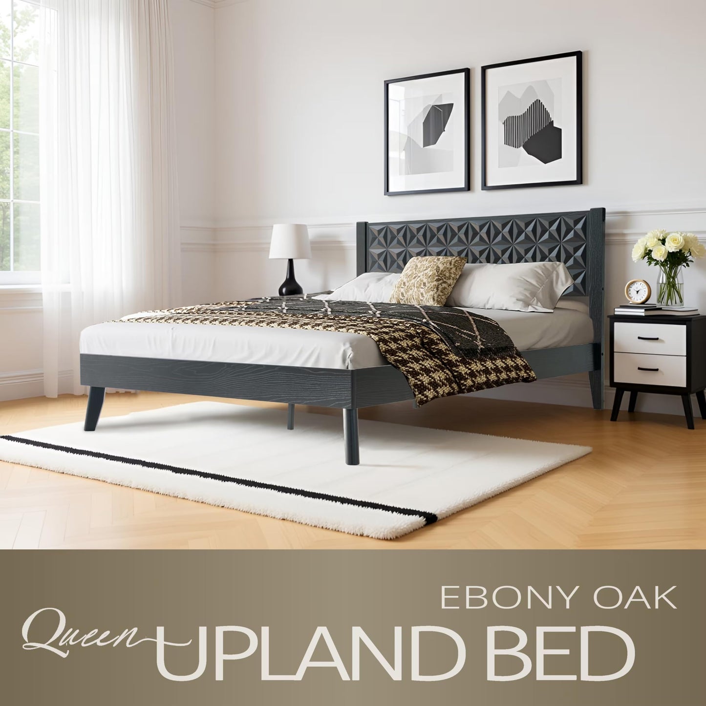 Queen Size Platform Bed Frame with Headboard & Footboard, Center Metal Legs, 12 Solid Wood Slatted Base, Easy Assembly, No Box Spring Needed, Noise-Free & Anti-Slip, Ebony Oak Finish UPQ-35