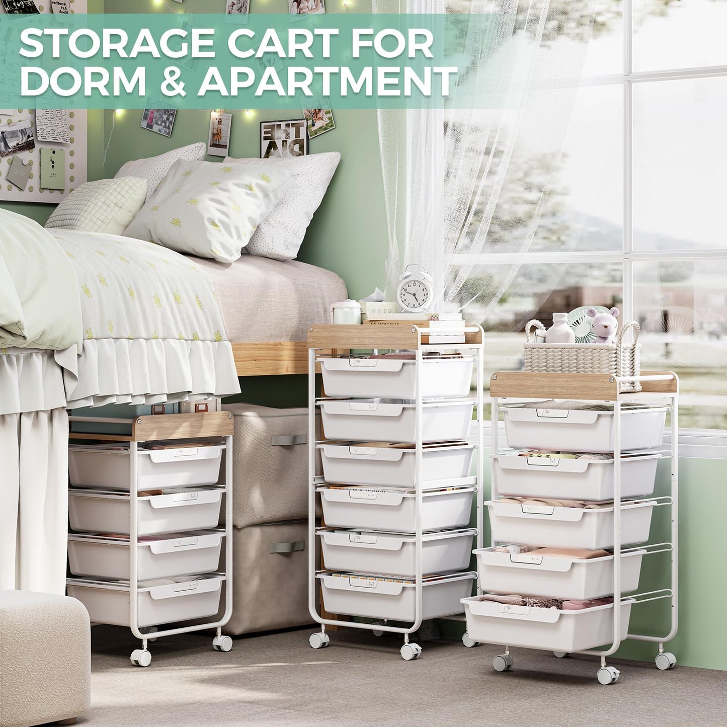 SYKIARIOL Rolling Storage Utility Cart with 4 Drawers,Kids Craft Art Cart,Makeup Organizer and Storage with Wooden Tabletop,White