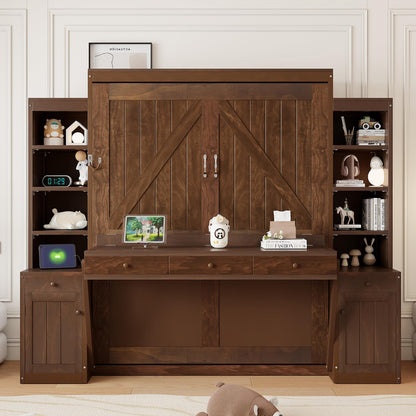 Merax Queen Size Murphy Bed with Desk and LED Lights, Power Outlet, Foldable Murphy Cabinet Bed with Open Storage Shelves & Drawers, Wood Space-Saving Hidden Wall Bed for Guest Room, Dark-Brown