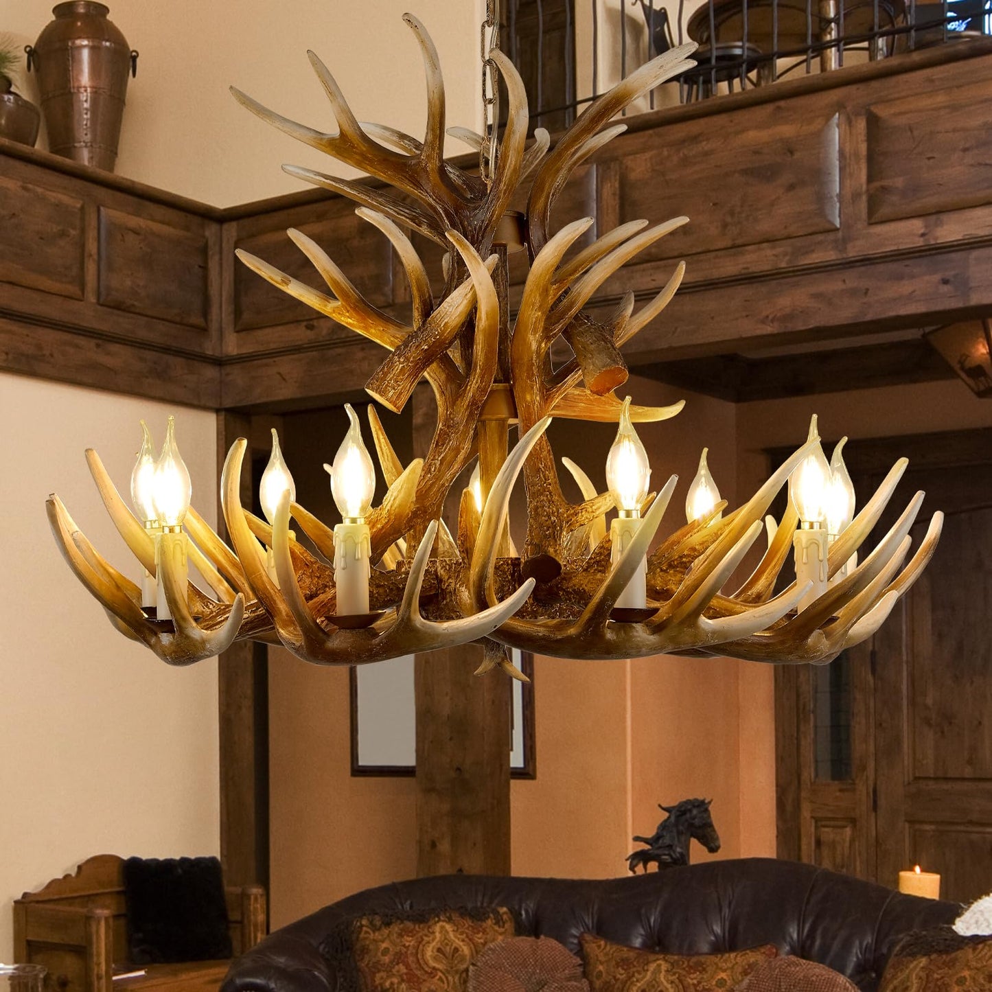 Fayelight Deer Antler Chandelier Lighting,Large Deer Rustic Farmhouse Chandelier Light Fixtures for Dining Room Living Room Kitchen Island Bedroom Entryway Foyer (9 Lamp Arms + 6 Arms)