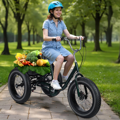 Smalibal [Fat Tires] 7-Speed Adult Tricycle 20 Inch - Stable 3 Wheel Bikes for Adults with Large Spacious Basket, Double Disc Brake, Picnic Shopping Tricycles for Seniors, Women, Men Black