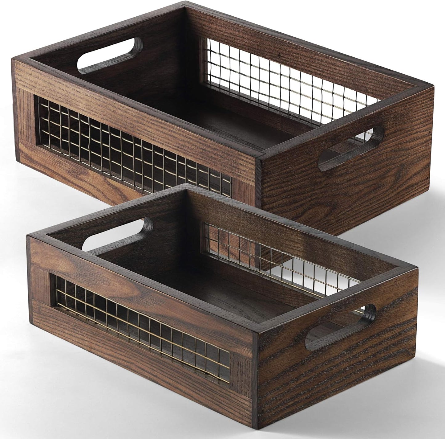 Set of 2 Wooden Countertop Baskets for Kitchen, Bathroom, Pantry | Rustic Nesting Boxes, Wall Mount Upgrade