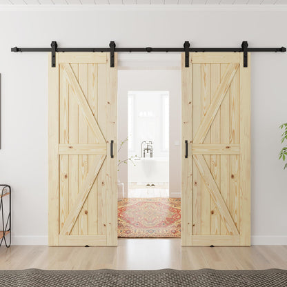 SMARTSTANDARD 34x84 inch Double Barn Door with 12ft Sliding Barn Door Hardware Kit Included, Unfinished Solid Spruce Wood, A Simple Assembly is Required, DIY Support